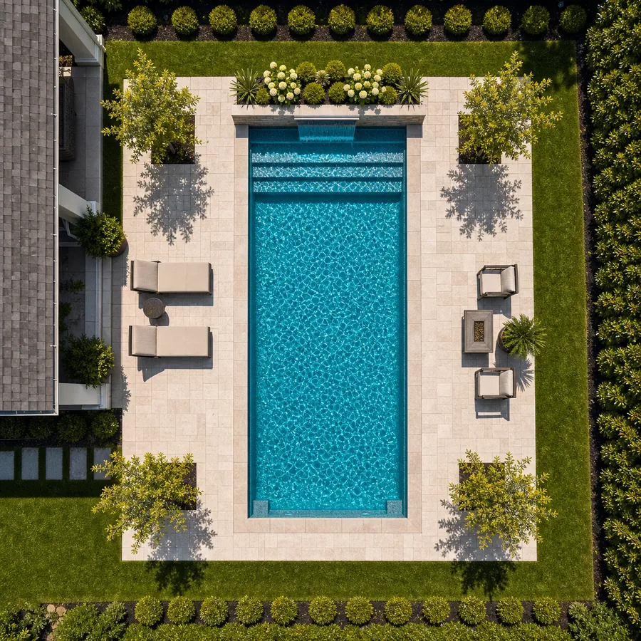 Overhead aerial view of a rectangular inground pool with tile coping, paver deck and lawn