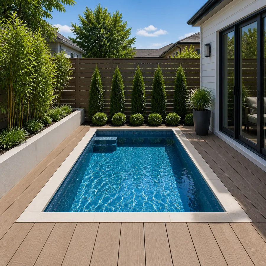 Compact inground plunge pool fitted into a small modern backyard with composite decking