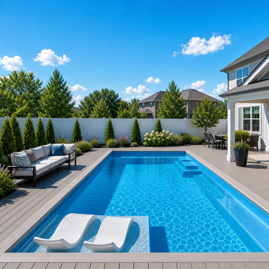 Modern fiberglass inground pool with a tanning ledge and clean composite decking