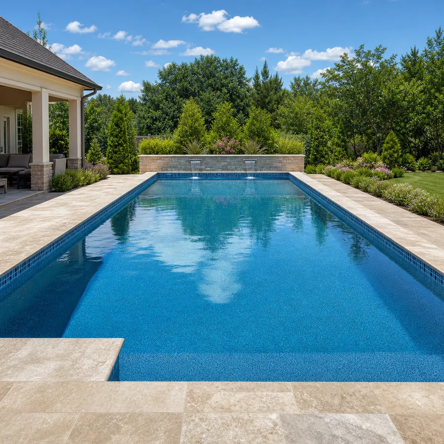 Custom inground gunite pool with travertine coping and a blue pebble interior finish