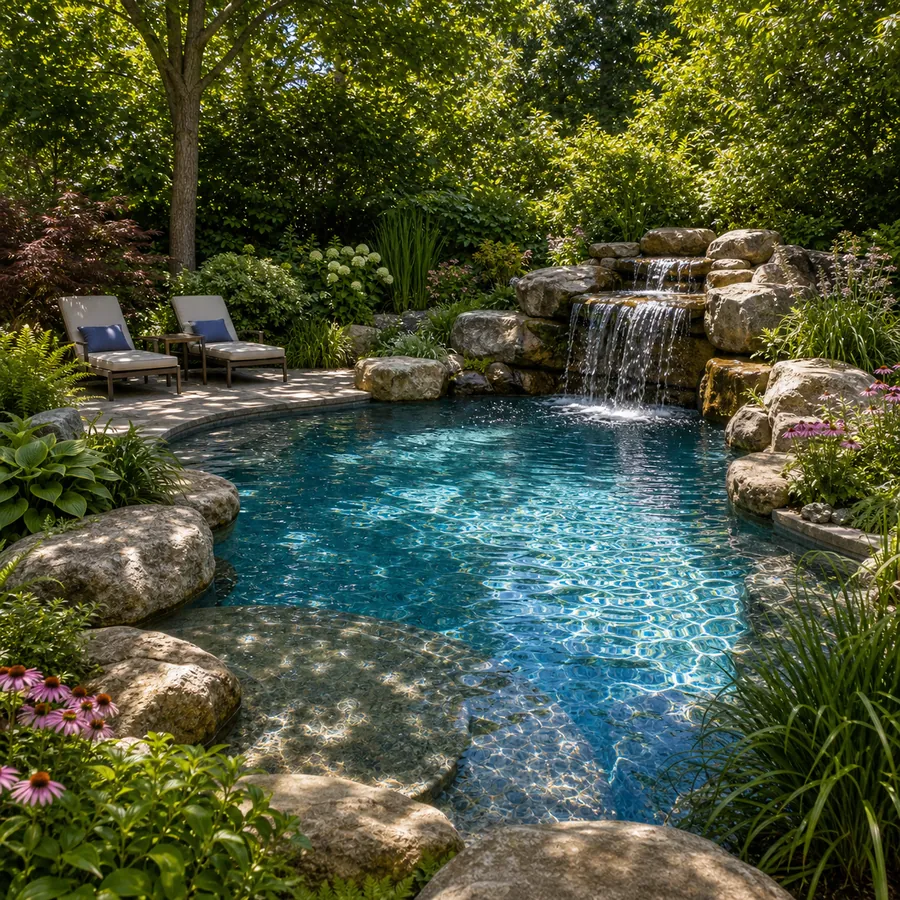 Freeform naturalistic inground pool with landscaping boulders and a rock waterfall