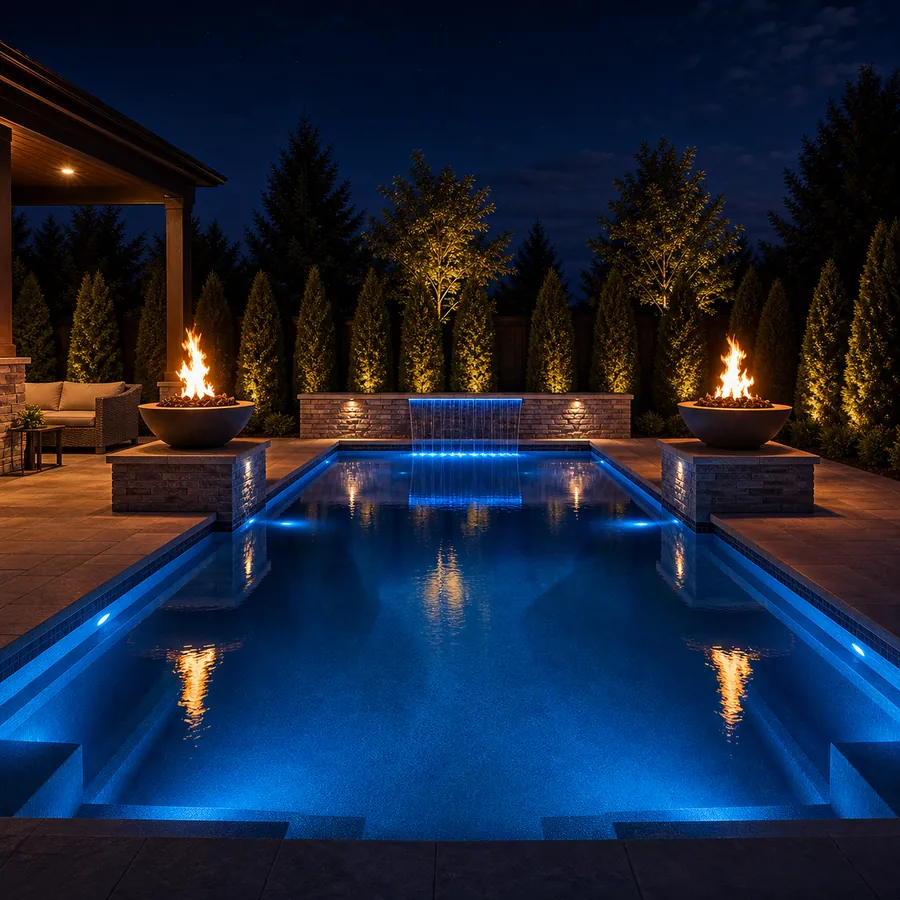 Inground pool at night with underwater LED lighting and glowing fire bowls on a stone deck