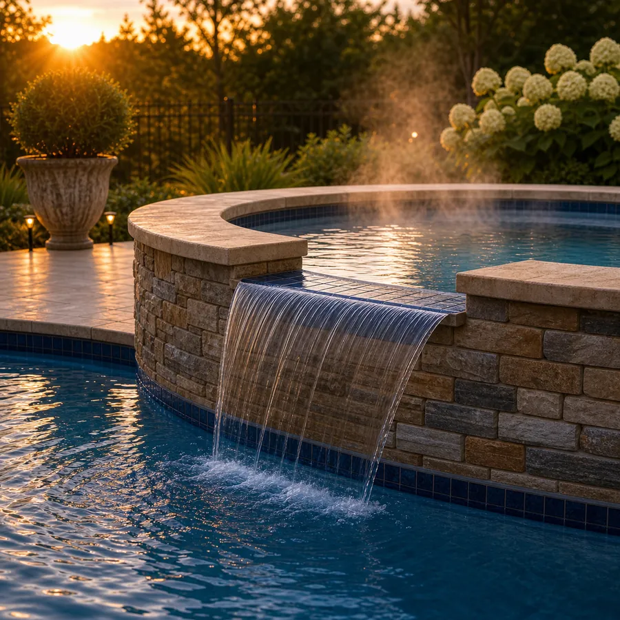 Inground pool with an attached raised spa spilling a sheet of water into the pool at sunset