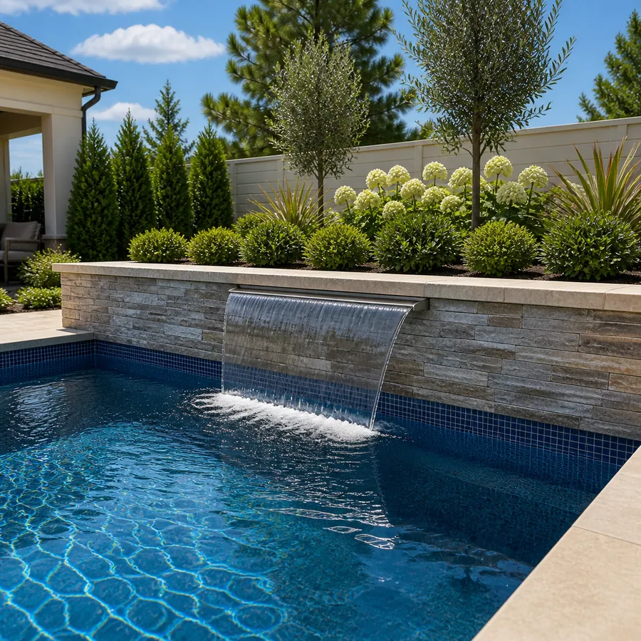Inground pool with a stacked-stone wall and a sheer-descent water feature