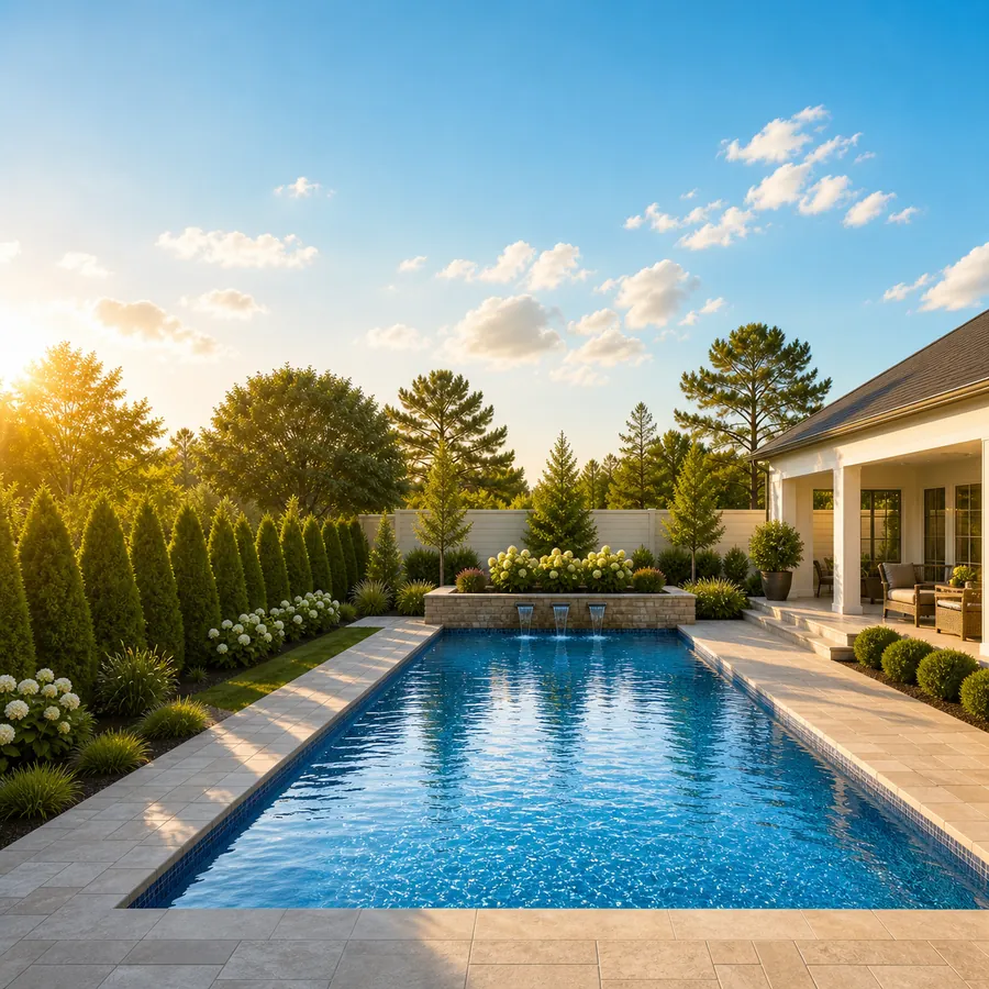 Sparkling inground pool with a modern paver deck in warm golden afternoon light
