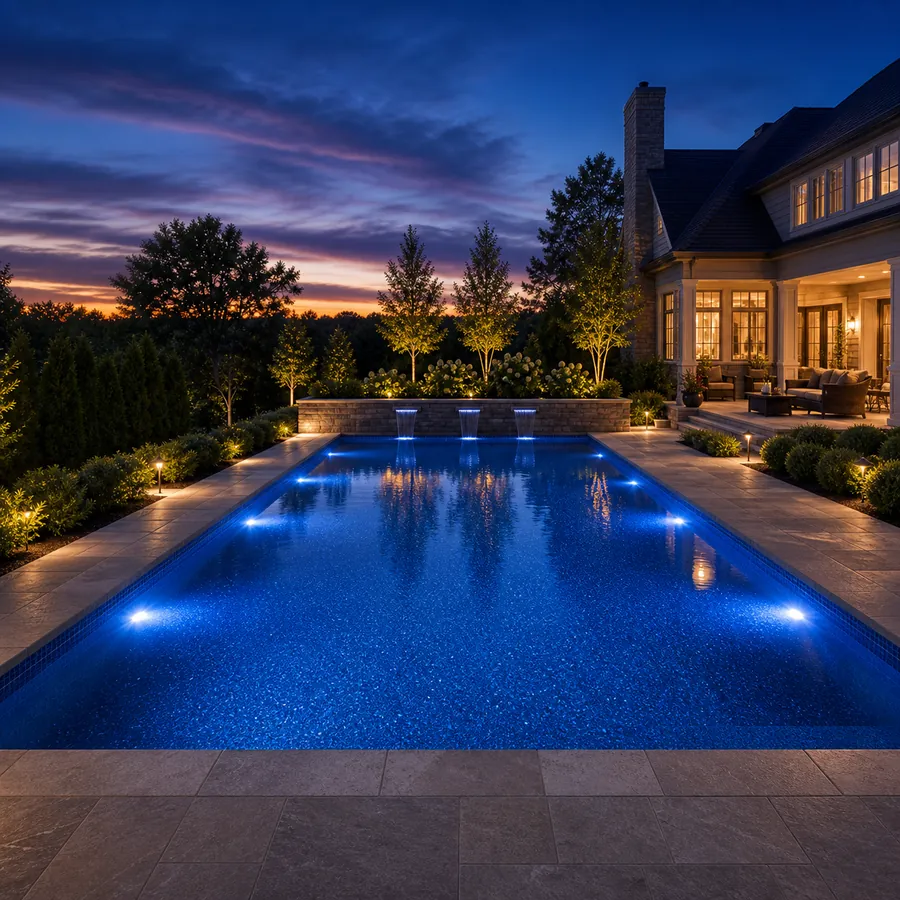 Inground gunite pool at dusk with glowing blue LED lighting and a natural stone patio