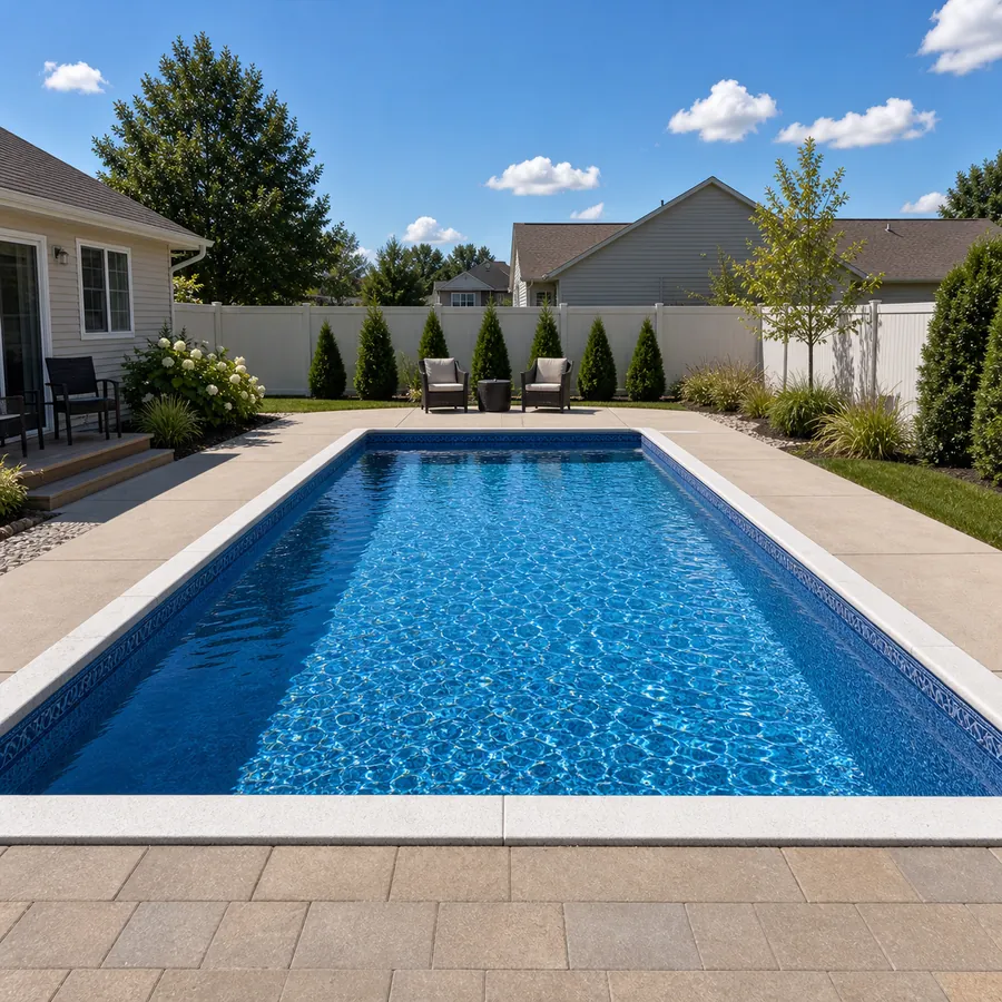 Clean inground vinyl-liner pool with a paver patio in a suburban backyard